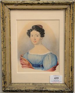 L. Morgan, 19th century watercolor, English portrait of a lady wearing a blue dress, signed right side (half under matting): L. Morg...