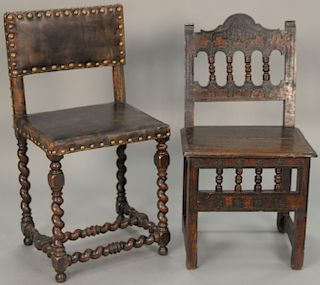 Three chairs including Jacobean armchair (restored) and two side chairs.  Provenance: Estate of Peggy & David Rockefeller having s...