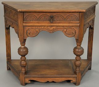 Jacobean style oak table with one drawer (very slight veneer damage at top back). height 31 inches, top: 18" x 40" 

Provenance: Est...