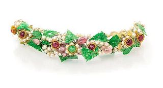 A Yellow Gold, Jade, Pearl, Tourmaline and Spinel Hair Ornament, Circa 1910,