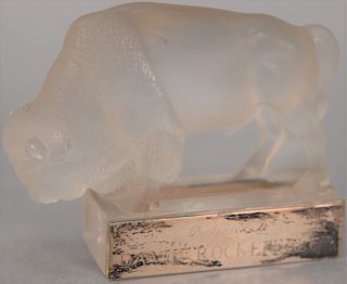 Lalique crystal frosted buffalo with two silver plaques marked: Buffalo Area Chamber of Commerce, Feb. 5, 1970, opposite side marked...