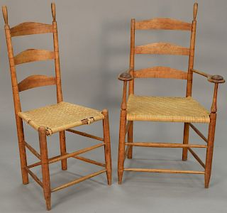 Two shaker style ladder back chairs (one with finial missing). 

Provenance: Estate of Peggy & David Rockefeller having stamp/label.