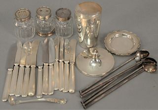Tray lot of sterling and silver to include butter knives, iced tea spoons, three crystal jars with silver tops for desk, etc. 12.2 w...