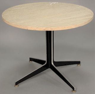 Mid-Century metal table base with round poured marble top. height 21 1/2 inches, diameter 28 1/4 inches 

Provenance: Estate of Pegg...