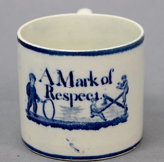 Soft paste creamware handled cup "A Mark of Respect", possibly Leeds Child's mug. height 2 1/2 inches 

Provenance: Estate of Peggy ...
