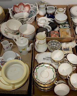Four tray lots of porcelain to include set of Staffordshire cups and saucers, Minton pitcher, Belleek jar, D'pose cups and saucers, ...