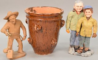 Group of ten items having brown glazed clay pot, group of figures, molded clay of two figures "To David & Peggy Two Ocean Pass 1940...