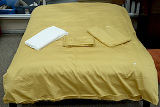 Two full size duvet covers, one having insert, along with two metching pillow cases and two white bed sheets.   Provenance: Esta...