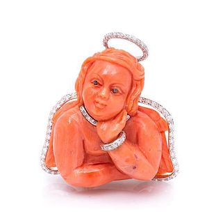 An 18 Karat White Gold, Carved Coral and Diamond Angel Brooch, Michele della Valle, 11.50 dwts.