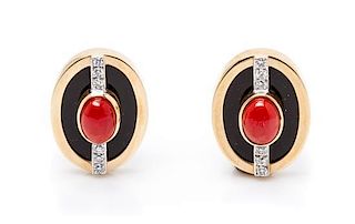 A Pair of 18 Karat Yellow Gold, Coral, Onyx and Diamond Earclips, 7.70 dwts.