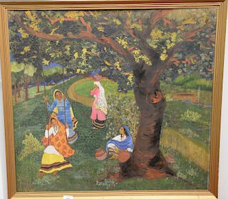 Sarwat, oil on panel, Easter scene, country landscape with four women, signed lower right: Sarwat, 28" x 30"   Provenance: Estat...