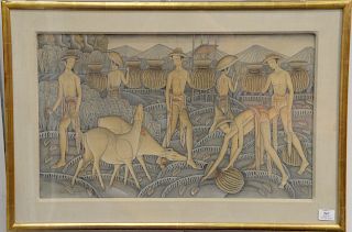 K.T. Liger, watercolor on canvas, "Bali Girls and Boy Carrying Water" farming, signed lower left: K.T. Liger, purchased from the Est...