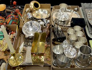 Four tray lots to include silver platter and brass items, some monogrammed. 

Provenance: Estate of Peggy & David Rockefeller having...