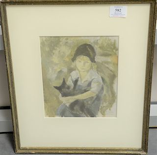 Four framed pieces to include Jules Pascin, print, Girl with Cat, having original "Collection of David Rockefeller" inventory label ...