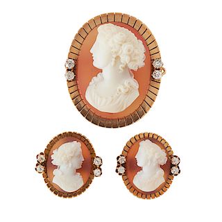 EDWARDIAN CAMEO, DIAMOND & YELLOW GOLD PENDANT BROOCH & EARRING SUITE