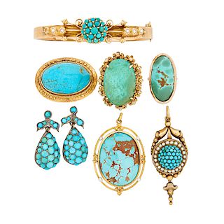 COLLECTION OF MOSTLY ANTIQUE TURQUOISE YELLOW GOLD OR SILVER JEWELRY