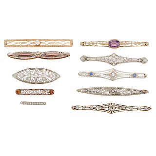COLLECTION OF DIAMOND OR GEM SET FILIGREE BAR BROOCHES