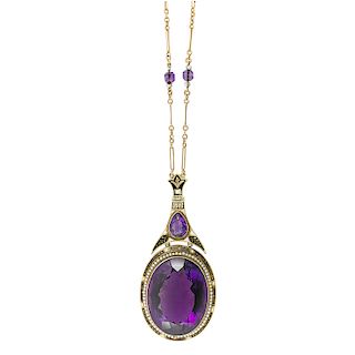 EDWARDIAN AMETHYST, SEED PEARL & ENAMELED YELLOW GOLD PENDANT NECKLACE