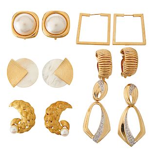 GROUP OF YELLOW GOLD EARRINGS, INCL. DIAMONDS & PEARLS