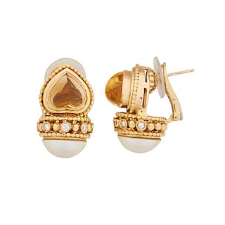 CITRINE, MABE PEARL, DIAMOND & YELLOW GOLD EARRINGS