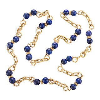 TIFFANY & CO. LAPIS BEAD & YELLOW GOLD LONG CHAIN NECKLACE