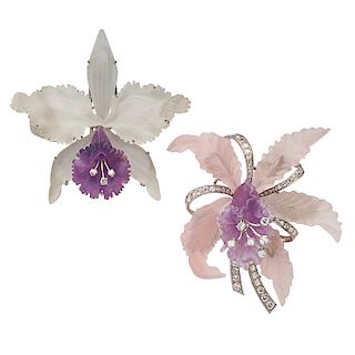 CARVED GEMSTONE & DIAMOND ORCHID BROOCHES