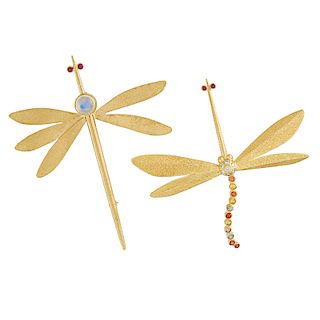 TWO GEM-SET YELLOW GOLD DRAGONFLY BROOCHES