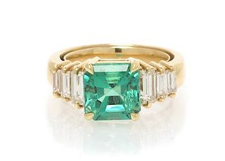 An 18 Karat Yellow Gold, Emerald and Diamond Ring, 6.70 dwts.