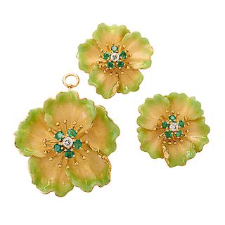 ENAMELED YELLOW GOLD GEM-SET FLOWER JEWELRY SUITE