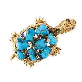TURQUOISE & YELLOW GOLD TURTLE BROOCH