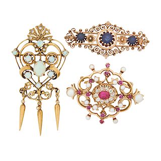 VICTORIAN REVIVAL DIAMOND OR GEM-SET YELLOW GOLD BROOCHES