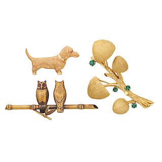 WHIMSICAL GEM-SET YELLOW GOLD BROOCHES