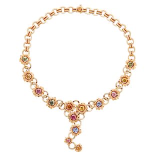 RETRO MULTI-HUED SAPPHIRE & YELLOW GOLD FLORAL NECKLACE