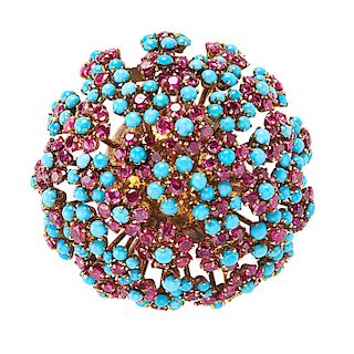 RETRO TURQUOISE, RUBY & YELLOW GOLD BOUQUET FUR CLIP