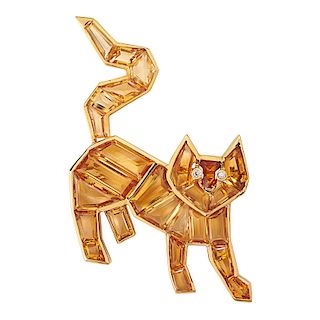 CITRINE, DIAMOND & YELLOW GOLD SCAREDY-CAT BROOCH