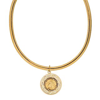 YELLOW GOLD "GREEK COIN" PENDANT NECKLACE
