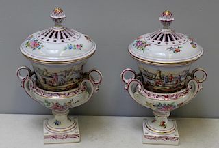 Pair Of Antique Chelsea Porcelain Lidded Urns.