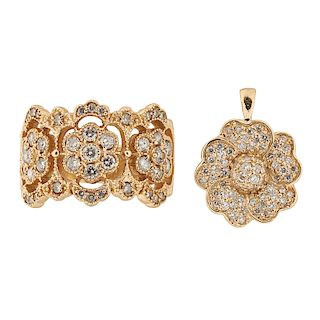 DIAMOND & YELLOW GOLD FLORAL RING & PENDANT SUITE