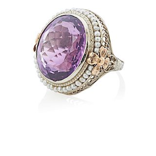 AMETHYST, SEED PEARL & WHITE GOLD RING