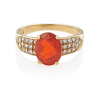 MEXICAN FIRE OPAL, DIAMOND & YELLOW GOLD RING