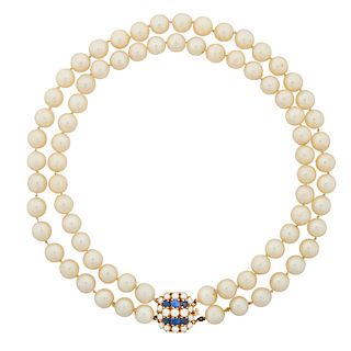 AKOYA PEARL, SAPPHIRE & YELLOW GOLD NECKLACE