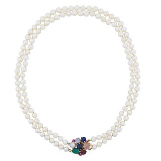 DOUBLE STRAND PEARL & GEM-SET NECKLACE