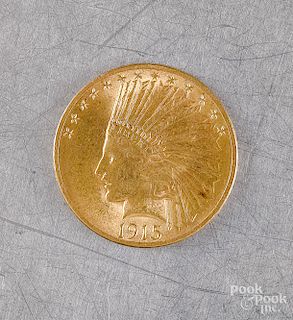 US 1915 Indian head ten dollar gold coin.
