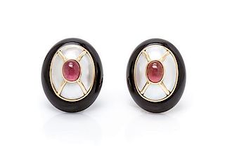 A Pair of 14 Karat Yellow Gold, Pink Tourmaline, Mother-of-Pearl and Onyx Earclips, 12.90 dwts.