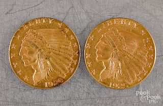 Two Indian head two and a half dollar gold coins,