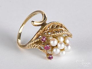 14K gold, pearl and semi precious stone ring