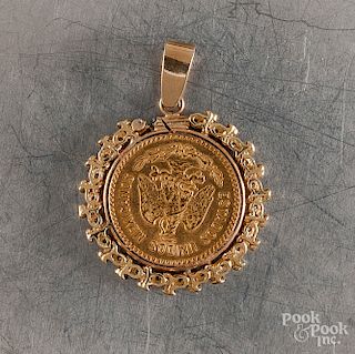 Mexican 1908 gold 10 peso coin set  in a pendant