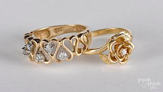 Two 14K yellow gold and diamond rings, 3.5 dwt.