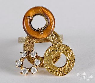 14K yellow gold, diamond, and tigers eye ring