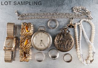 Silver, costume jewelry and watches.